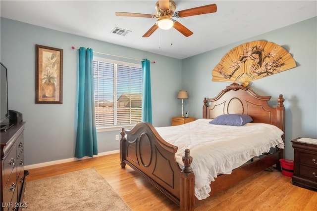 bedroom with ceiling fan and light hardwood / wood-style flooring