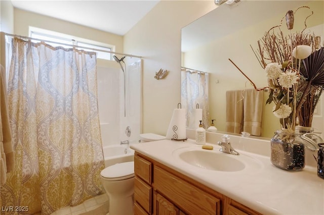 full bathroom featuring toilet, shower / tub combo, and vanity