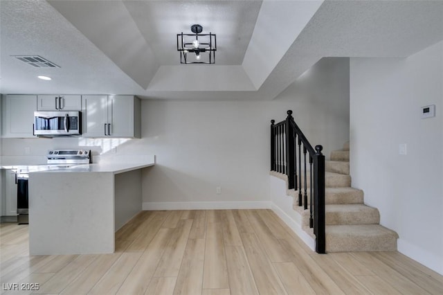 kitchen featuring gray cabinets, kitchen peninsula, an inviting chandelier, a tray ceiling, and appliances with stainless steel finishes