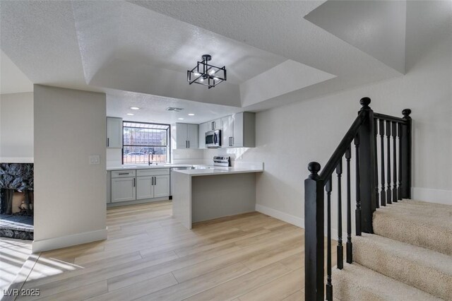 kitchen featuring light hardwood / wood-style floors, a raised ceiling, kitchen peninsula, stainless steel appliances, and a high end fireplace