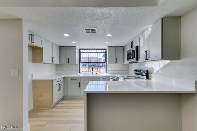 kitchen with gray cabinets, kitchen peninsula, sink, stainless steel appliances, and a textured ceiling