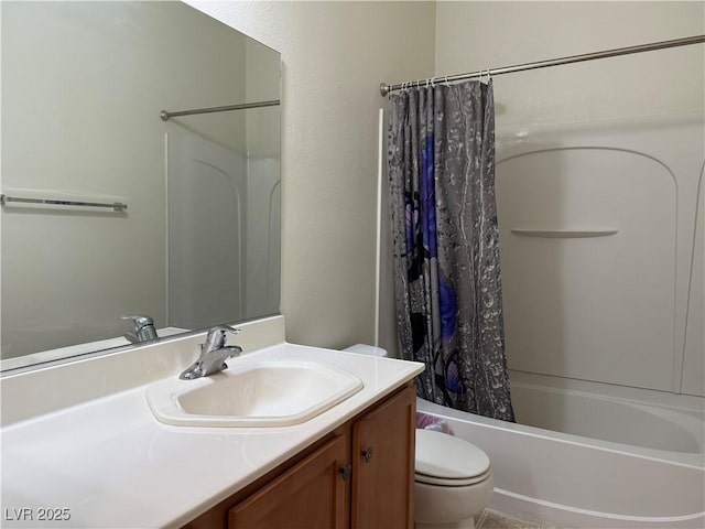 full bathroom with toilet, vanity, and shower / bath combination with curtain