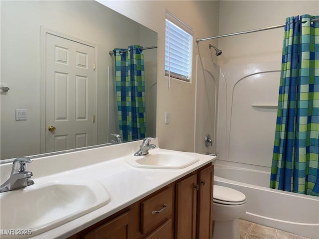 full bathroom with toilet, shower / bath combination with curtain, tile patterned floors, and vanity