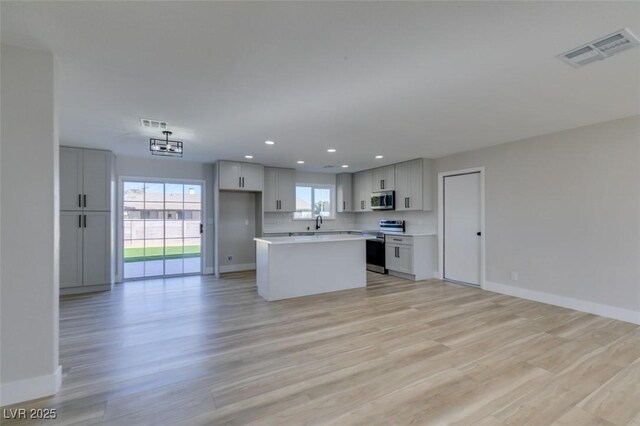 kitchen with light hardwood / wood-style floors, a center island, stainless steel appliances, and tasteful backsplash