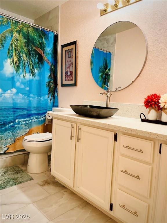 bathroom featuring toilet, vanity, and a shower with shower curtain