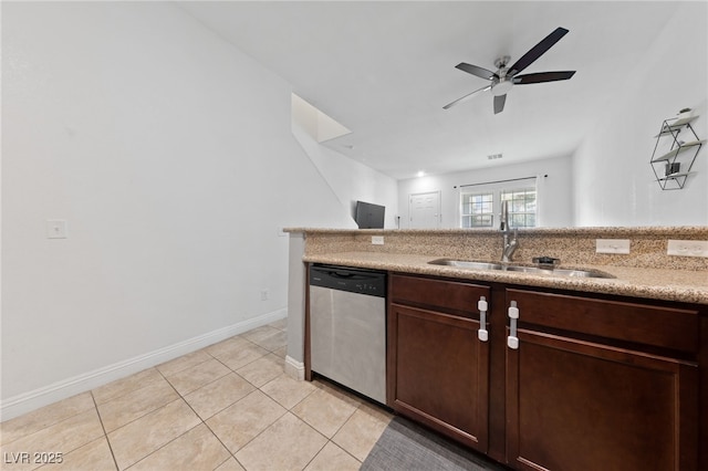 kitchen featuring dishwasher, french doors, sink, ceiling fan, and light tile patterned floors