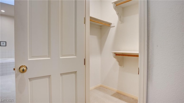 walk in closet with light carpet