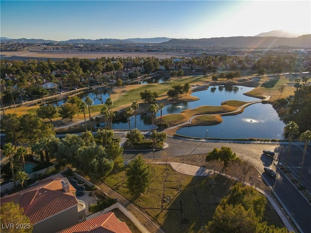 birds eye view of property with a water and mountain view