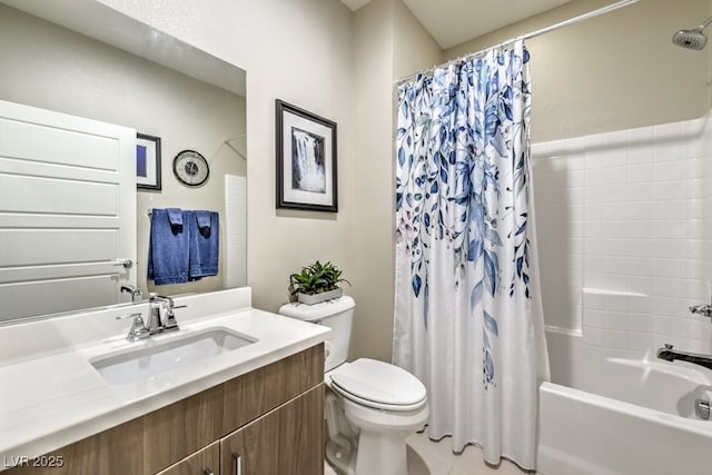 full bathroom featuring toilet, shower / bathtub combination with curtain, and vanity