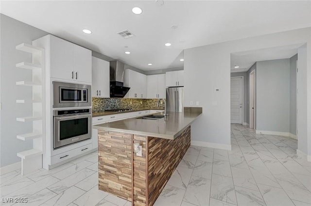 kitchen featuring appliances with stainless steel finishes, white cabinetry, wall chimney range hood, tasteful backsplash, and sink