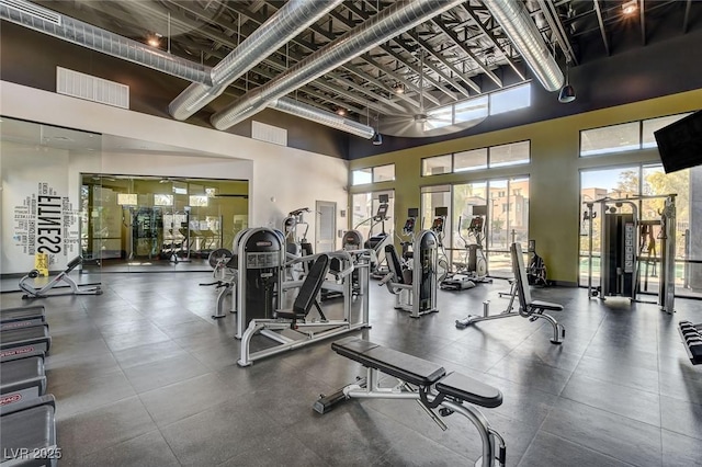 gym featuring a towering ceiling