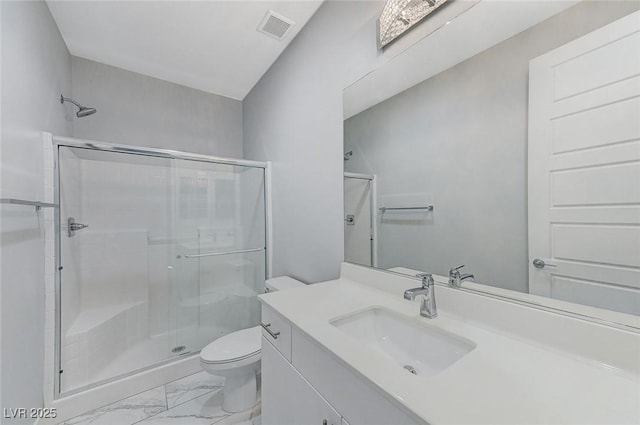 full bath featuring visible vents, toilet, marble finish floor, vanity, and a shower stall