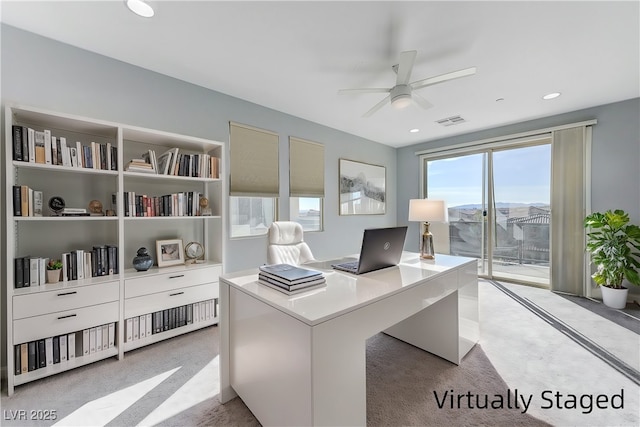 office space featuring ceiling fan, visible vents, and recessed lighting