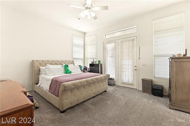 bedroom with ceiling fan, access to exterior, and light colored carpet