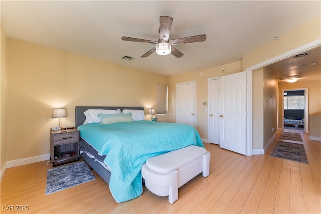 bedroom featuring ceiling fan and light hardwood / wood-style flooring