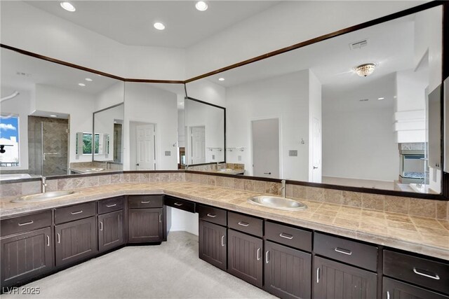 bathroom with a shower and vanity