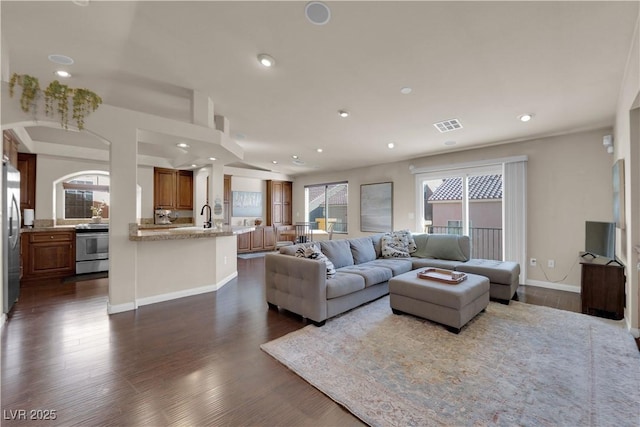 living room with dark hardwood / wood-style floors, plenty of natural light, and sink