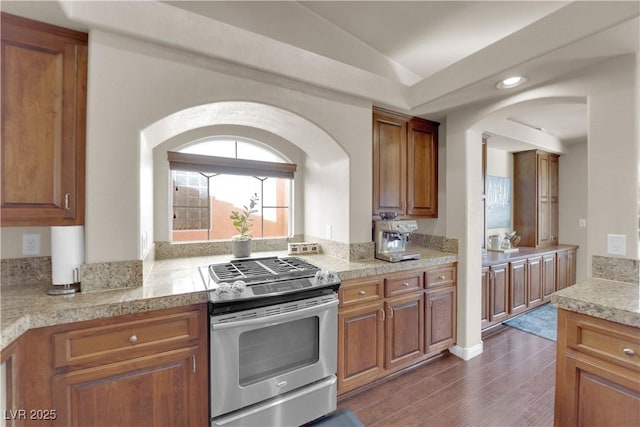 kitchen with lofted ceiling, dark hardwood / wood-style floors, and stainless steel range with gas stovetop