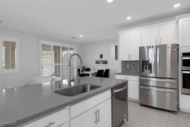 kitchen featuring sink, white cabinetry, backsplash, and stainless steel appliances