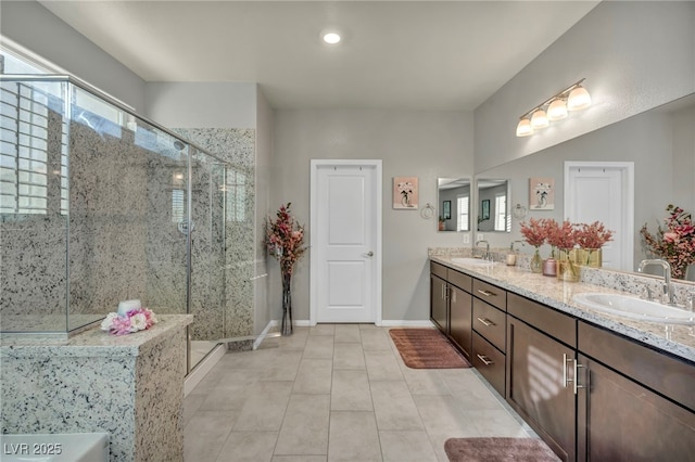 bathroom with walk in shower, a healthy amount of sunlight, and vanity