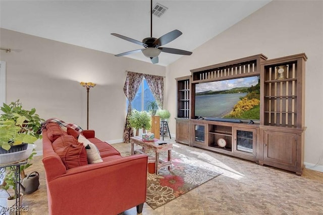 living room with ceiling fan and lofted ceiling