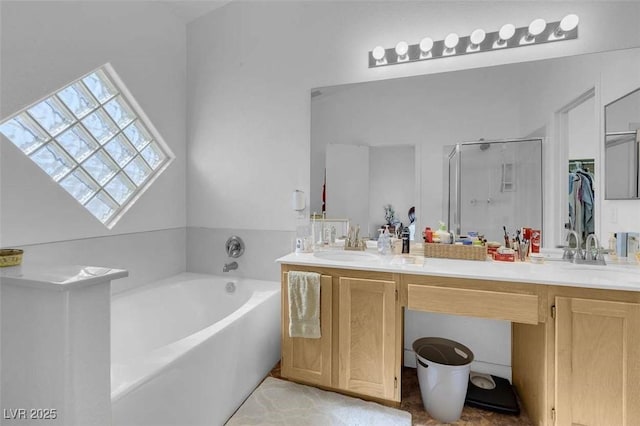 bathroom featuring vanity and independent shower and bath