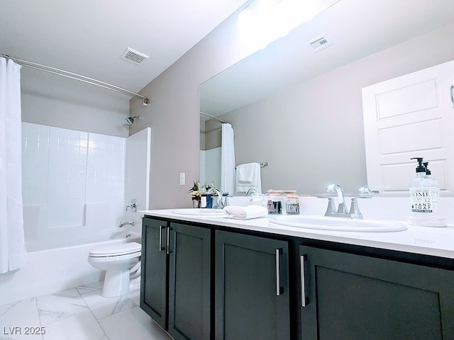 full bathroom with toilet, vanity, and shower / bathtub combination with curtain