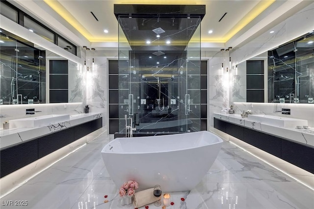 bathroom with vanity, a raised ceiling, and independent shower and bath