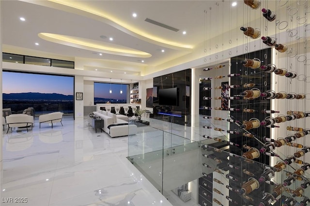 wine area with a raised ceiling