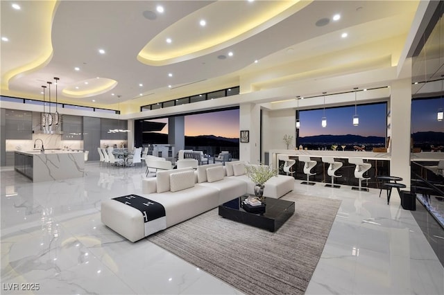 living room featuring sink and a tray ceiling