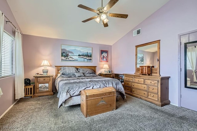 bedroom with ceiling fan, carpet, and lofted ceiling