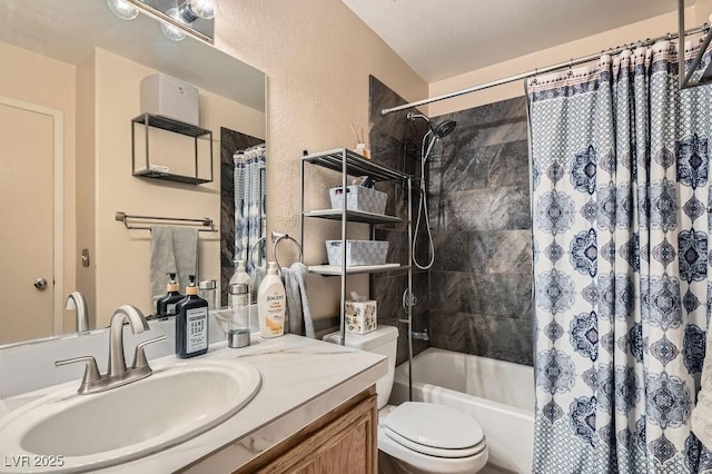 full bathroom with toilet, vanity, and shower / bathtub combination with curtain