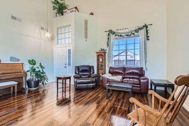 living room with hardwood / wood-style floors and a high ceiling