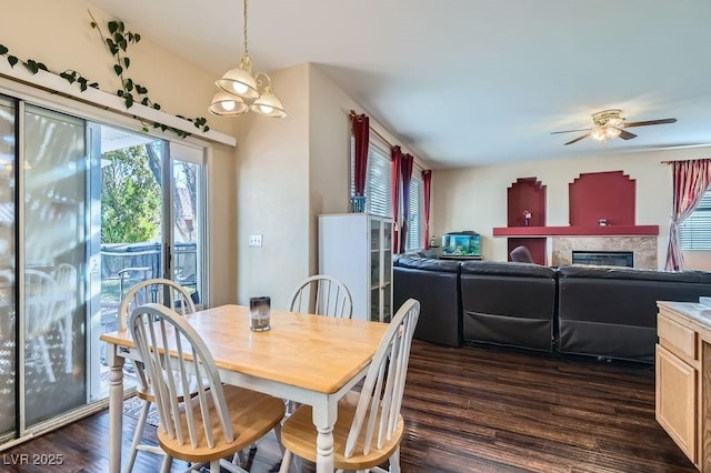 dining area featuring ceiling fan with notable chandelier and dark wood-type flooring