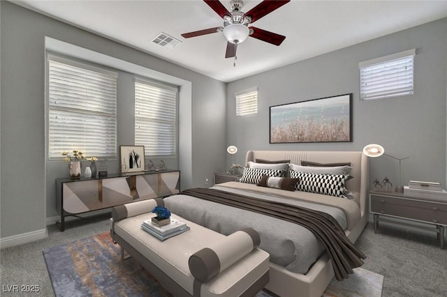 carpeted bedroom featuring ceiling fan