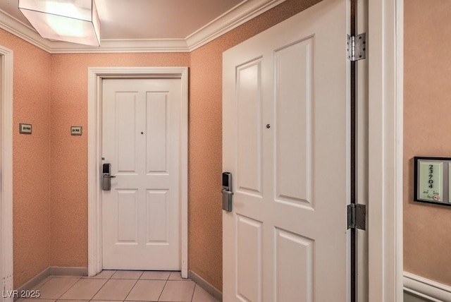 doorway to outside with light tile patterned floors and ornamental molding