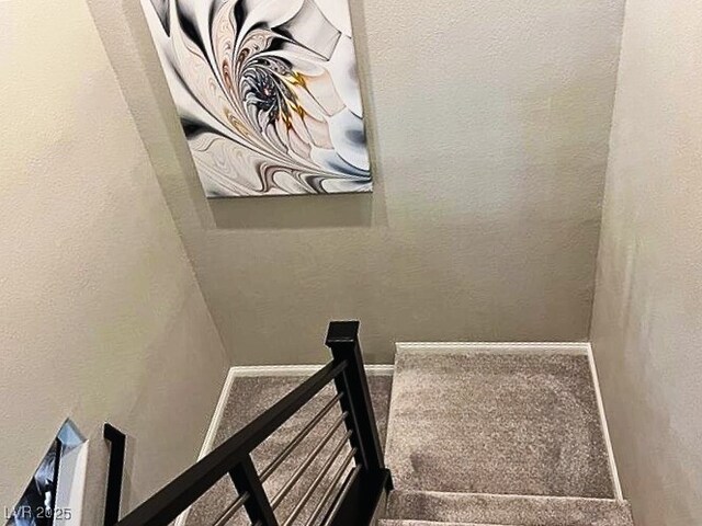 stairway featuring carpet flooring