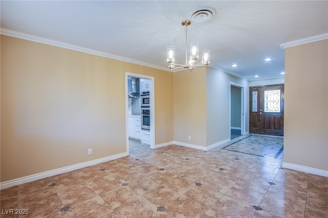 unfurnished dining area with crown molding and a chandelier