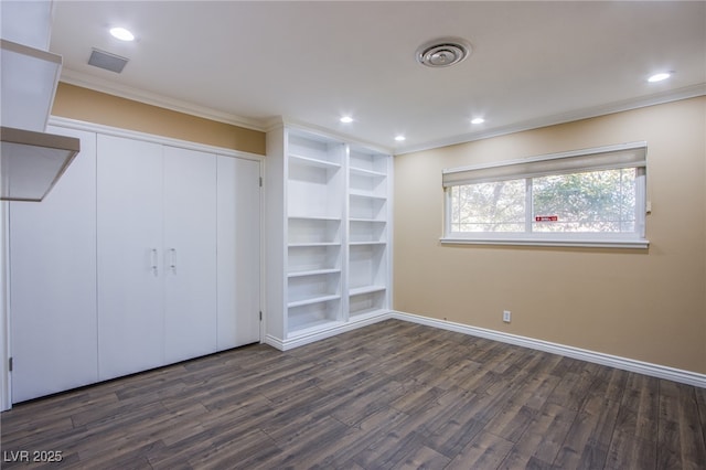 unfurnished bedroom with a closet, dark hardwood / wood-style flooring, and ornamental molding