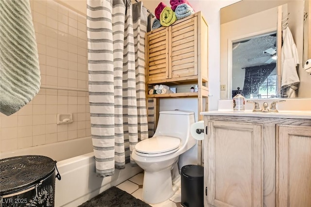 full bathroom featuring toilet, shower / tub combo, tile patterned floors, and vanity