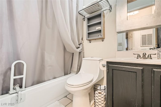 full bathroom with toilet, vanity, shower / tub combo with curtain, and tile patterned floors