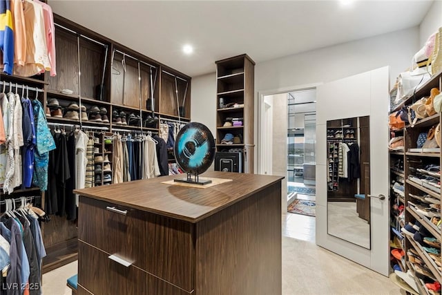 spacious closet featuring light colored carpet