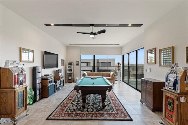 playroom with light tile patterned flooring, billiards, and ceiling fan