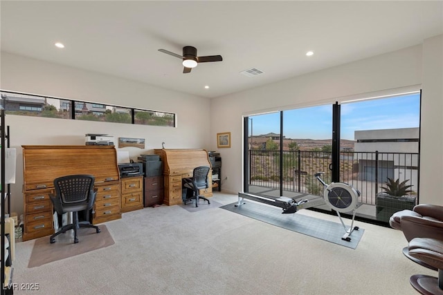 office with recessed lighting, visible vents, ceiling fan, and light carpet