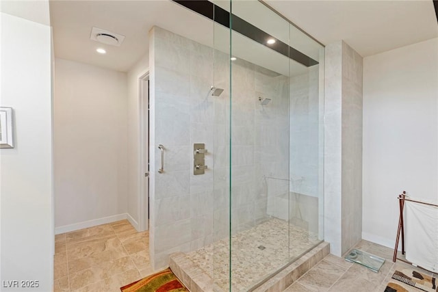 full bathroom featuring recessed lighting, a shower stall, visible vents, and baseboards