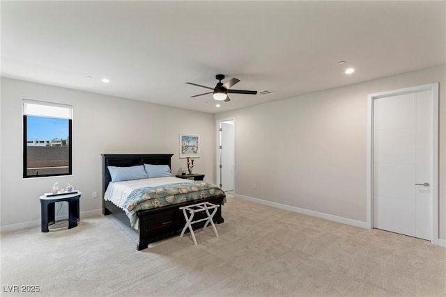 bedroom with light carpet, baseboards, visible vents, and recessed lighting