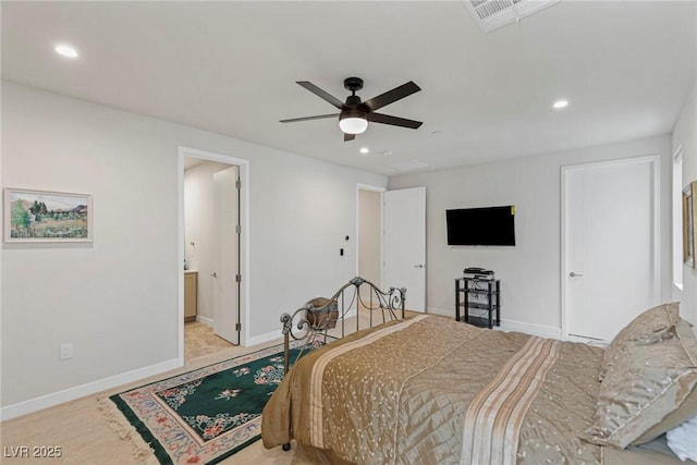 bedroom with baseboards, visible vents, connected bathroom, ceiling fan, and recessed lighting