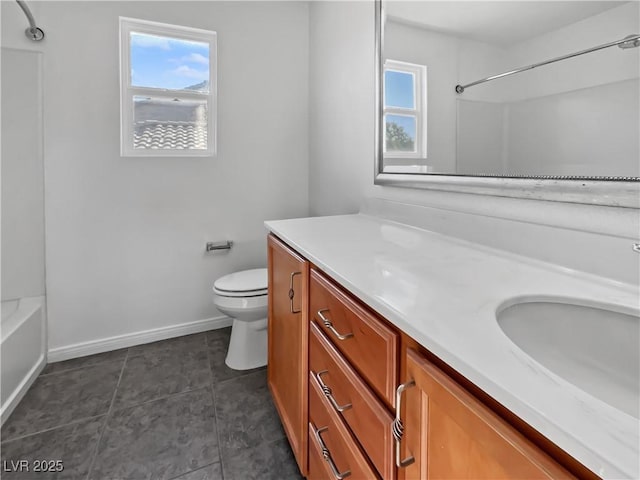 full bathroom with tub / shower combination, tile patterned floors, toilet, and vanity