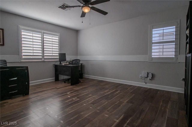 home office featuring ceiling fan, a healthy amount of sunlight, and dark wood-type flooring