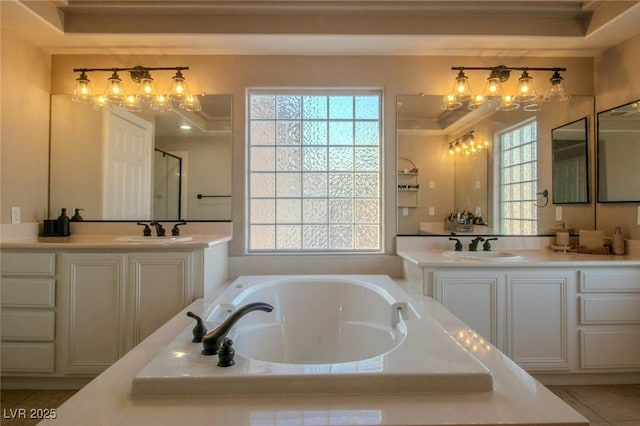 bathroom with vanity, separate shower and tub, and tile patterned flooring